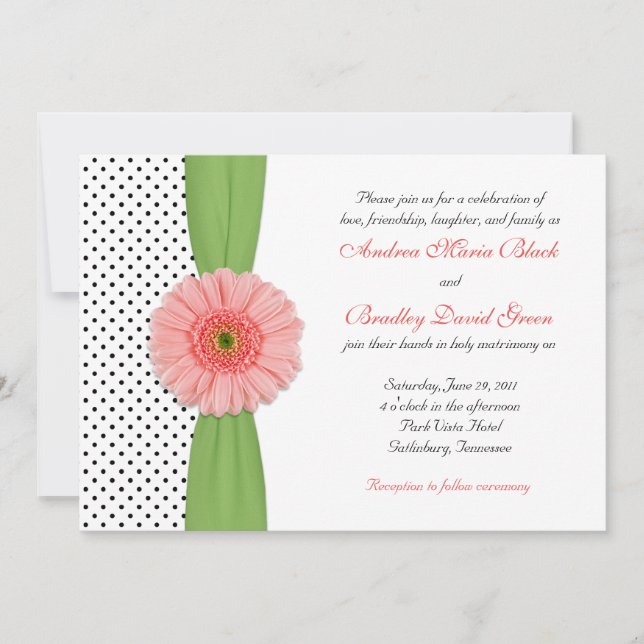 Coral Gerbera Daisy Polka Dot Wedding Invitation (Front)