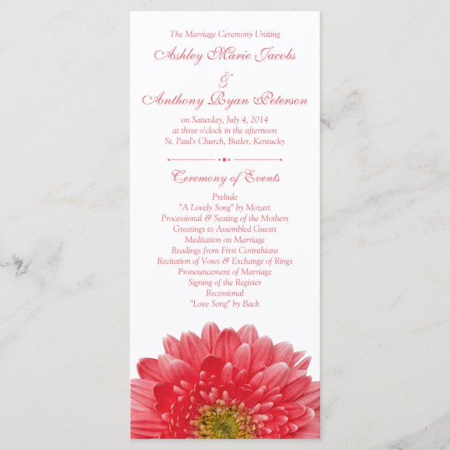 Coral Gerbera Daisy White Wedding Program Programme (Front)