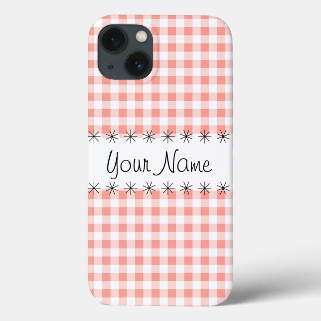 Coral Gingham Check 'Name' iPad Mini case (Back)