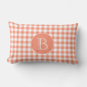 Coral Gingham Pattern Custom Monogram Lumbar Cushion