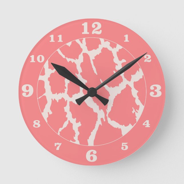 Coral Giraffe Animal Print Round Clock (Front)