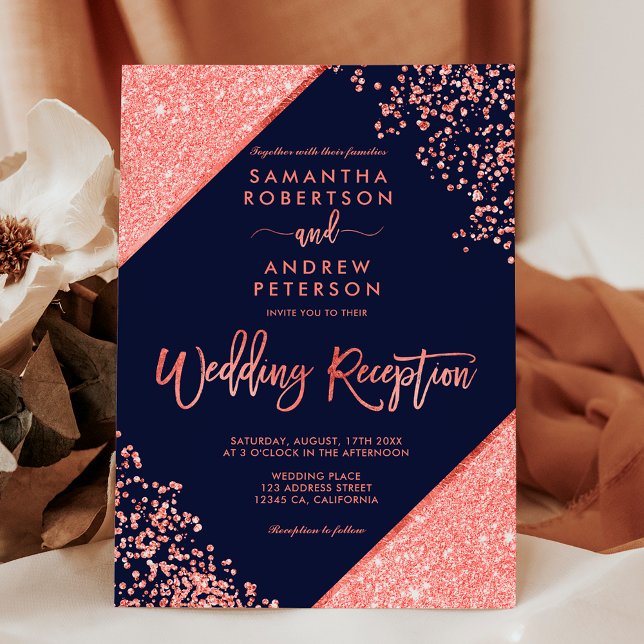 Coral glitter confetti navy blue wedding reception invitation (Coral glitter confetti navy blue wedding reception invitation)
