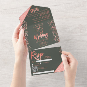 Coral glitter confetti sage olive green wedding all in one invitation