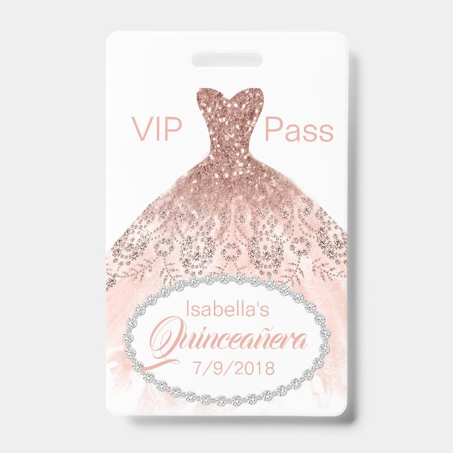 Coral Glitter Dress Quinceañera VIP Party Badge ID Badge (Front)