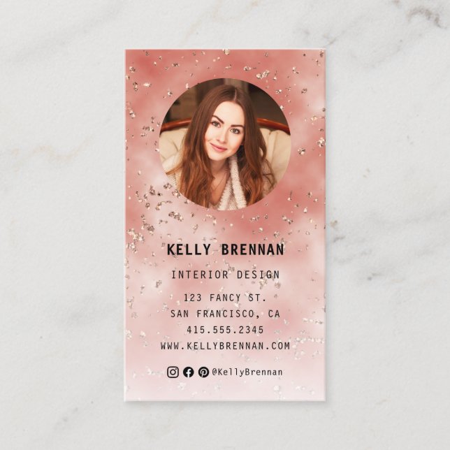 Coral Glitter Photo Business Card with QR Code (Front)