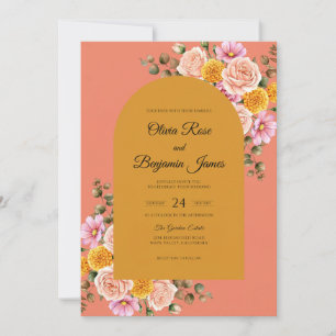 Coral Gold Bloom Wedding Invitation