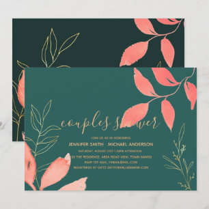 Coral Gold Botanical Wedding Couples Bridal Shower Invitation