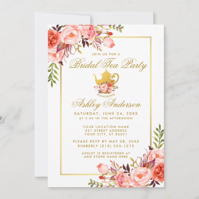 Coral Gold Floral Bridal Shower Tea Party Invite (Front)