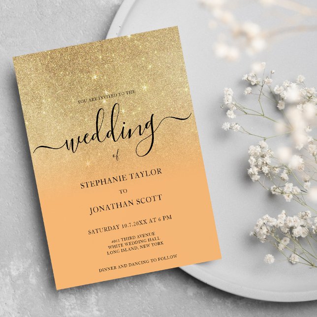 Coral gold glitter black script ombre wedding  invitation (Coral gold glitter black script ombre wedding )