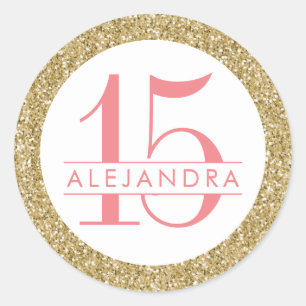Coral Gold Glitter Quince Años Favour Sticker Lab