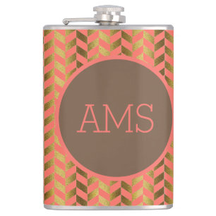 Coral & Gold Herringbone Monogram Hip Flask
