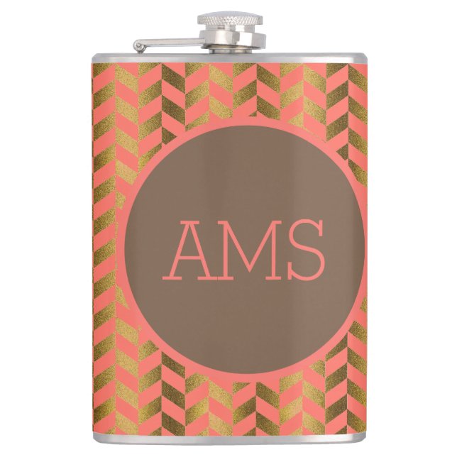 Coral & Gold Herringbone Monogram Hip Flask (Front)