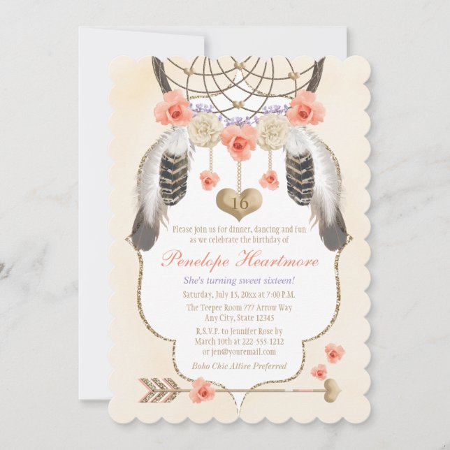 Coral Gold Lavender Dreamcatcher Boho Birthday Invitation (Front)