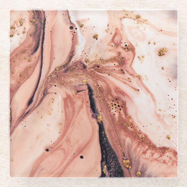 Coral Gold Marbling: Natural Pattern Glass Coaster (Front)