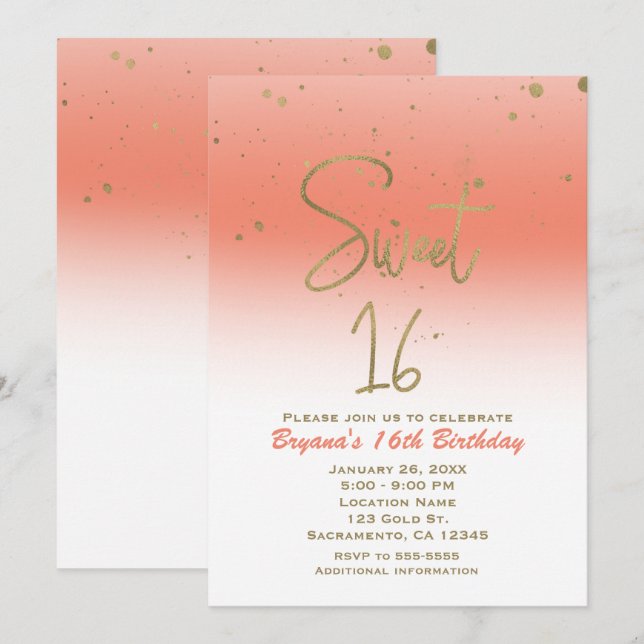 Coral & Gold Modern Glam SWEET 16 Birthday Party Invitation (Front/Back)