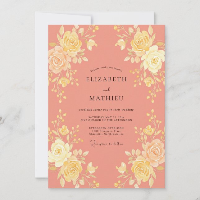 Coral Gold Petal Wedding Invitation (Front)