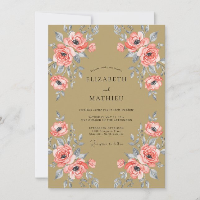 Coral Gold Ranunculus Eucalyptus Wedding Invitation (Front)