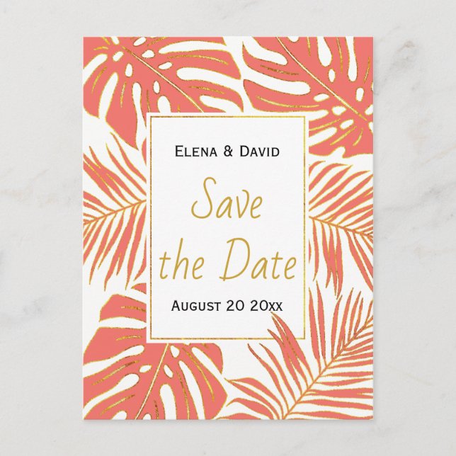 Coral, gold tropical leaves wedding Save the Date Announcement Postcard (Front)