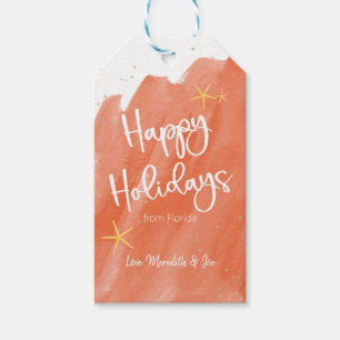 Coral & Gold Watercolor Beach Happy Holidays Gift Tags