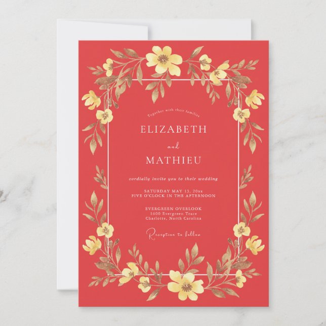 Coral Gold Wildflower Wedding Invitation (Front)