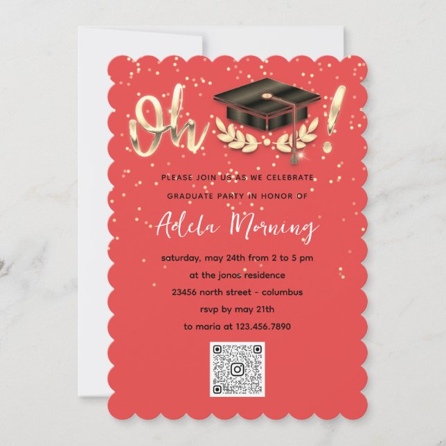 Coral Golden Confetti Graduate Party QR Code   Invitation (Front)