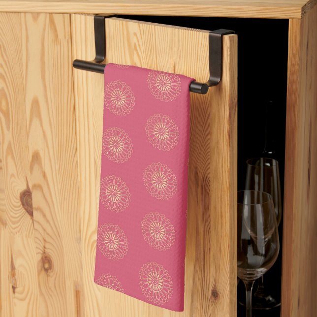 Coral | Golden Zinnia Flower Medallions Tea Towel (Thirds Fold)