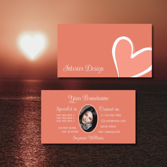 Coral Gorgeous Pink Heart Modern with Photo Cute Business Card (Creator Uploaded)