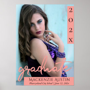 Coral Graduate Trendy Grad Brush Script Photo Poster