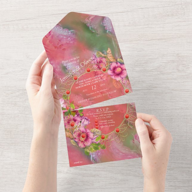 Coral, Grass & Peony-pink Blooms All In One Invita Invitation (Tearaway)