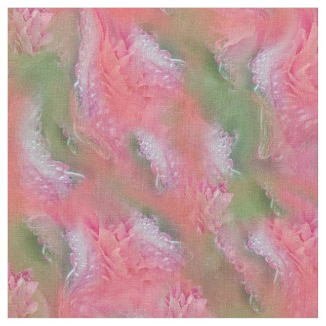 Coral, Grass & Peony-pink Blooms  Fabric (Close Up)