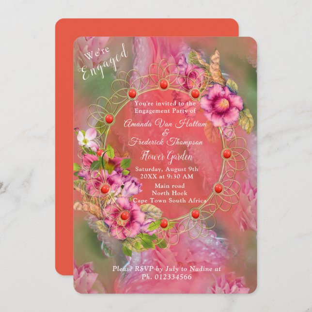 Coral, Grass & Peony-pink Blooms Invitation (Front/Back)