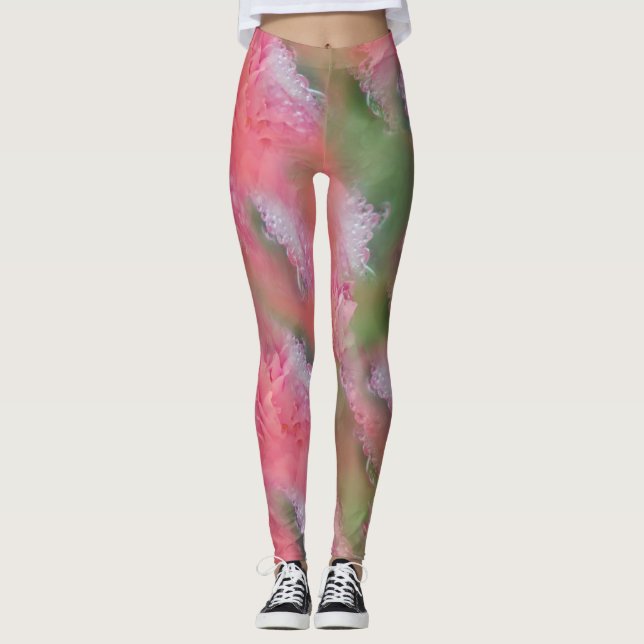 Coral, Grass & Peony-pink Blooms Leggings (Front)