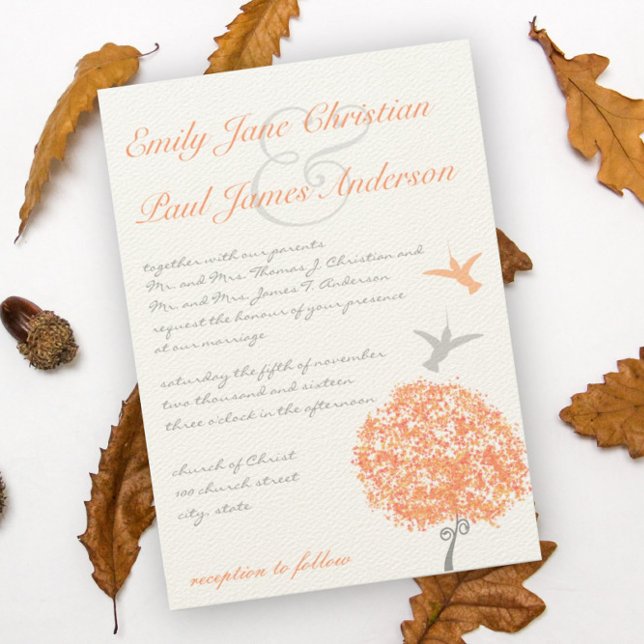 Coral Gray Tree Humming Birds Wedding Invitation (Creator Uploaded)