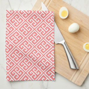 Coral Greek Key Pattern Tea Towel