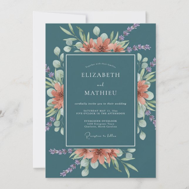 Coral Green Botanical Romance Wedding Invitation (Front)