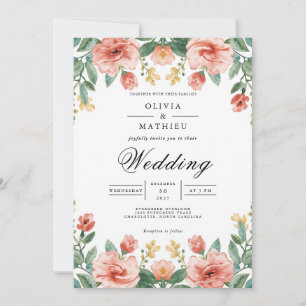 Coral & Green Floral Arch Wedding Invitation