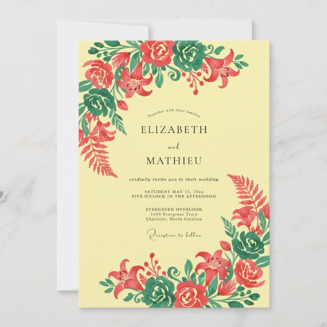 Coral Green Floral Bloom Wedding Invitation (Front)