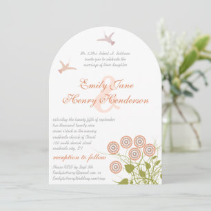 Coral Green Floral Hummingbird Love Bird Wedding Invitation