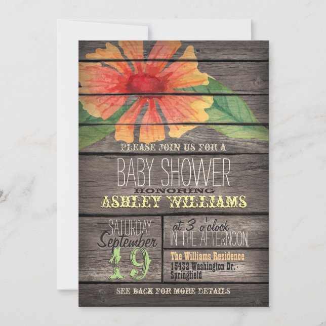 Coral & Green Flower on Rustic Wood Baby Shower Invitation (Front)