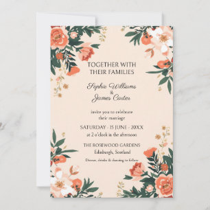 Coral Green Folk Floral Wedding Invitation