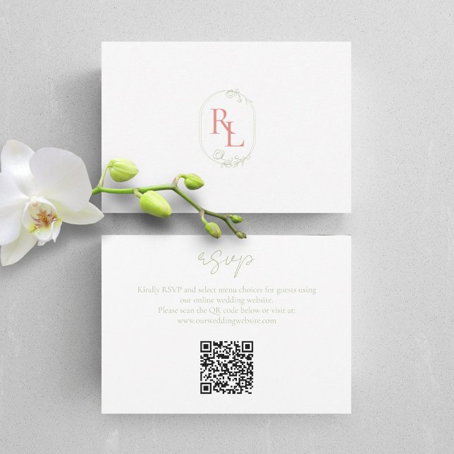 Coral Green White Floral Monogram QR Wedding RSVP (Creator Uploaded)
