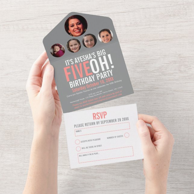 Coral Grey 50th Birthday FIVEOH! party photo All In One Invitation (Tearaway)