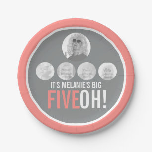 Coral grey 50th FIVEOH! five photos birthday Paper Plate