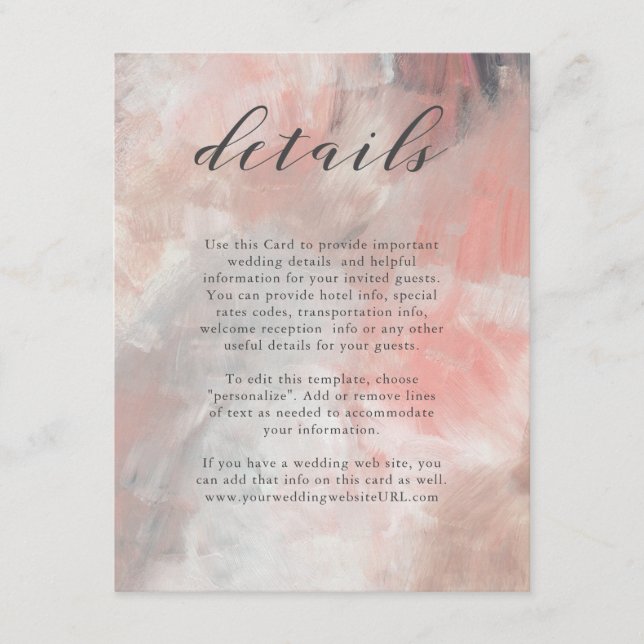 Coral Grey Abstract Brushstrokes Wedding Details Enclosure Card (Front)