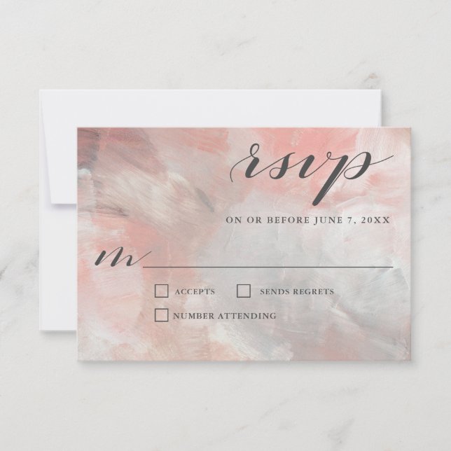 Coral Grey Abstract Brushstrokes Wedding RSVP (Front)