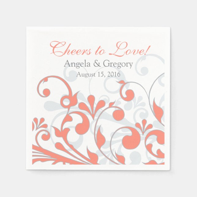 Coral Grey Abtract Floral Personalised Wedding Napkin (Front)