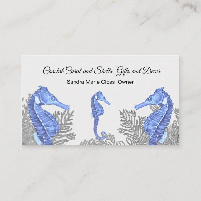 Coral Grey Blue Seahorse  Simple Coastal Business Card (Back)