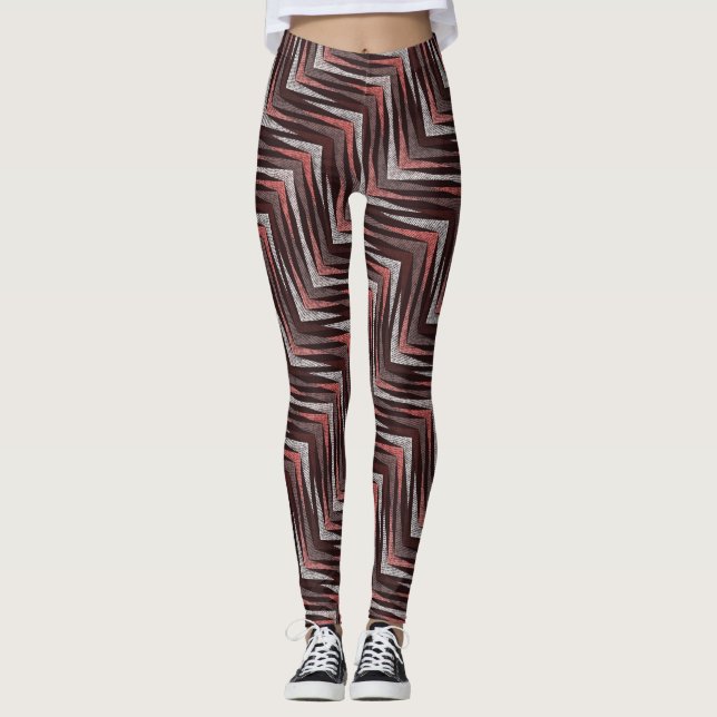 Coral, grey, brown zigzag pattern. leggings (Front)