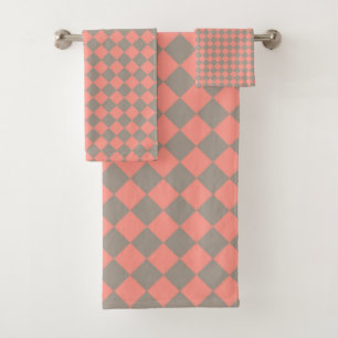 Coral Grey Chequered Diamond Pattern Bath Towel Set