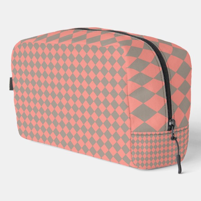 Coral Grey Chequered Diamond Pattern Toiletry Bag (Right Corner)